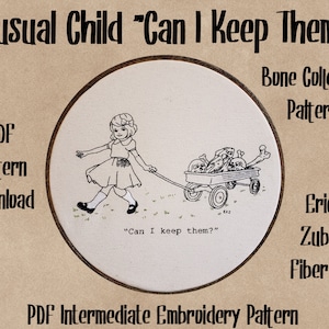 May include: A black and white embroidery pattern of a child pulling a wagon full of bones. The text "Can I keep them?" is written below the image. The title "Bone Collector Pattern" is written above the image. The text "PDF Intermediate Embroidery Pattern" is written below the image.