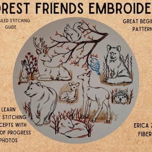May include: Embroidery pattern featuring a circle with a white background and various forest animals, including a deer, bear, squirrel, wolf, and a bird. The text "FOREST FRIENDS EMBROIDERY" is at the top of the image. The text "GREAT BEGINNER PATTERN" is on the right side of the image. The text "DETAILED STITCHING GUIDE" is on the left side of the image. The text "LEARN NEW STITCHING CONCEPTS WITH TONS OF PROGRESS PHOTOS" is on the left side of the image. The text "ERICA ZUBRIS FIBER ART" is on the right side of the image.
