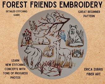 May include: Embroidery pattern featuring a circle with a white background and various forest animals, including a deer, bear, squirrel, wolf, and a bird. The text "FOREST FRIENDS EMBROIDERY" is at the top of the image. The text "GREAT BEGINNER PATTERN" is on the right side of the image. The text "DETAILED STITCHING GUIDE" is on the left side of the image. The text "LEARN NEW STITCHING CONCEPTS WITH TONS OF PROGRESS PHOTOS" is on the left side of the image. The text "ERICA ZUBRIS FIBER ART" is on the right side of the image.