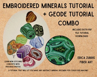 May include: Embroidered mineral and geode tutorial combo. Includes both PDF file tutorial downloads. Learn new stitching concepts with progress photos. A tutorial that will let you make any abstract mineral specimen you could ever imagine! Erica Zubris Fiber Art.