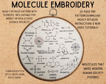 May include: A close-up of a round embroidery hoop with a white background and a variety of colorful molecular structures embroidered on it. The hoop is surrounded by a brown wooden frame. The text "MOLECULE EMBROIDERY" is at the top of the image. The text "MOLECULES THAT MADE MODERN HUMAN SOCIETY POSSIBLE" is at the bottom of the image.