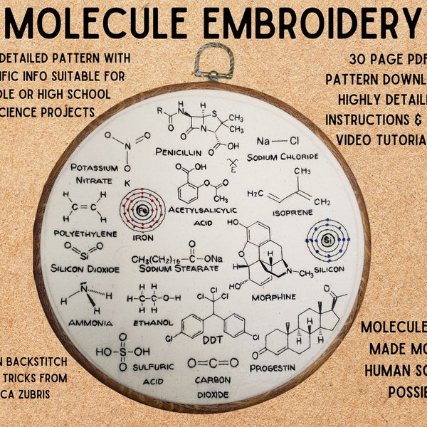 Molecule Embroidery 17 Molecules That Made Modern Human Society Science Project Stitchalong Erica Zubris PDF Pattern Download