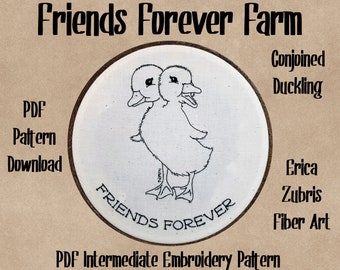 May include: A PDF embroidery pattern from Friends Forever Farm features a conjoined duckling design. The design is in black and white, with the text "Friends Forever" encircling the image. The text "PDF Pattern Download" is also included.