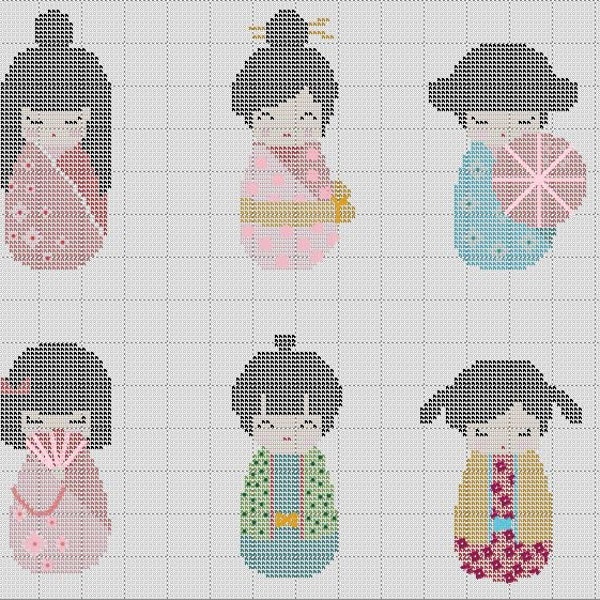 Kokeshi Dolls in Kimono 6 in 1 Japanese Cross Stitch Pattern PDF