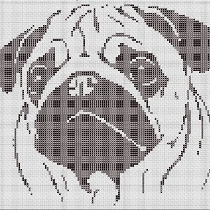 May include: A cross-stitch pattern of a pug dog's face. The design uses black thread on a light gray background to create the image. The pug's features, including its wrinkles and expression, are clearly defined.