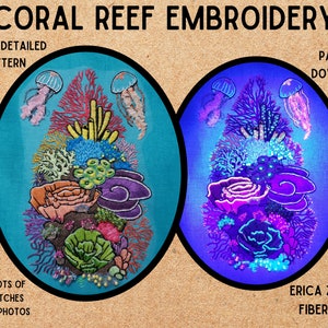 May include: A digital embroidery pattern of a coral reef with jellyfish, coral, and other sea life. The pattern is available as a PDF download. The text "CORAL REEF EMBROIDERY" is at the top of the image. The text "HIGHLY DETAILED PATTERN" is at the top left of the image. The text "PDF PATTERN DOWNLOAD" is at the top right of the image. The text "LEARN LOTS OF NEW STITCHES TONS OF PHOTOS" is at the bottom left of the image. The text "ERICA ZUBRIS FIBER ART" is at the bottom right of the image.