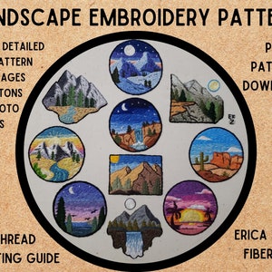 May include: A circular embroidery pattern featuring eight landscape designs, including mountains, waterfalls, and sunsets. The text "LANDSCAPE EMBROIDERY PATTERN" is at the top. Additional text includes "SUPER DETAILED PDF PATTERN" and "THREAD PAINTING GUIDE". The artist's name, Erica Zubris, is also visible.
