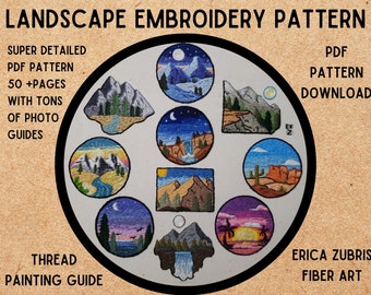 May include: A circular embroidery pattern featuring eight landscape designs, including mountains, waterfalls, and sunsets. The text "LANDSCAPE EMBROIDERY PATTERN" is at the top. Additional text includes "SUPER DETAILED PDF PATTERN" and "THREAD PAINTING GUIDE". The artist's name, Erica Zubris, is also visible.