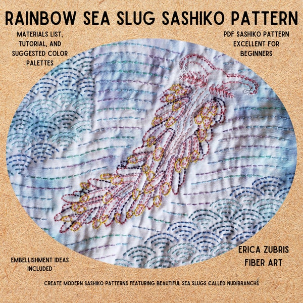 Limace de mer arc-en-ciel Sashiko Nudibranche océan motif de broderie PDF Babakina anadoni