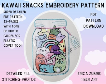 May include: Embroidery pattern for a kawaii snacks jar with a variety of colorful, embroidered snacks, including a pineapple, a star, a cloud, a pizza slice, a carrot, a rainbow, and a green bean. The pattern is available as a PDF download and includes detailed instructions and photos.