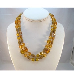 Vintage Long Faceted Yellow Vaseline Glass Beaded Necklace