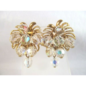 Vintage Clip On Earrings Faceted Cascading Clear Aurora Borealis Crystals