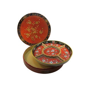 Vintage Moriyama Orange Floral Serving Dish in Original Wood Box Made in Japan