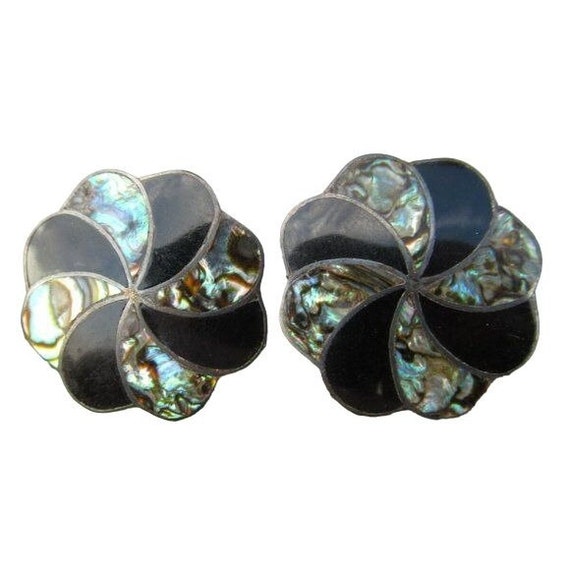 Sterling Abalone Onyx Inlay Screw Back Earrings V… - image 1