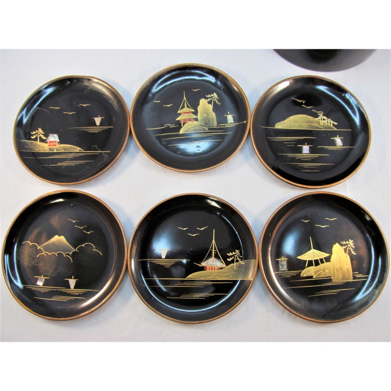 Vintage Japanese Black Lacquerware Coaster Set Etsy
