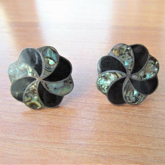 Sterling Abalone Onyx Inlay Screw Back Earrings V… - image 7