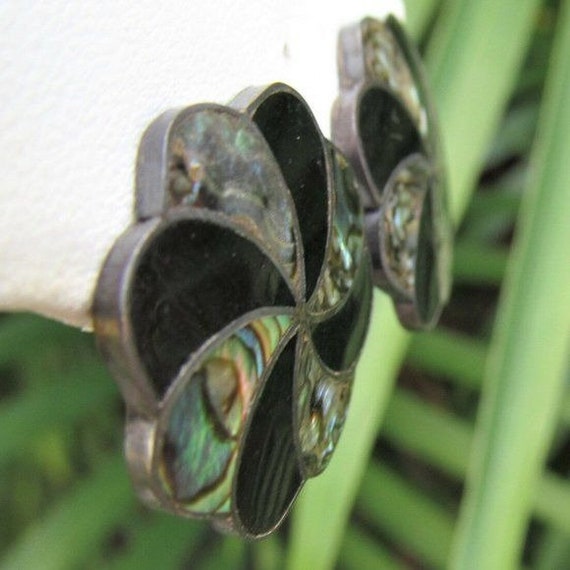 Sterling Abalone Onyx Inlay Screw Back Earrings V… - image 8