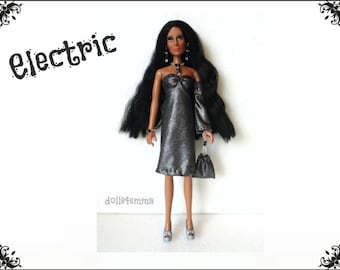 CHER Doll Clothes - ELECTRIC silver retro Dress, hand-beaded Purse and Jewelry - fits vintage Mego dolls - Custom Fashion - by dolls4emma