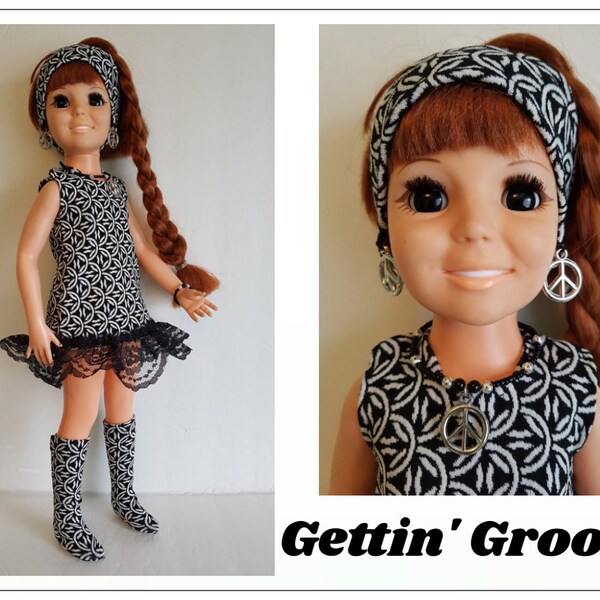 18" Vintage Ideal Crissy Doll Clothes - GETTIN' GROOVY Dress, Boots, Headband & Peace Jewelry set - Handmade Custom Fashion - by dolls4emma