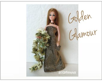 Dawn Doll Clothes - GOLDEN GLAMOUR Boa, Shimmer Gown, Hand-beaded Purse and Jewelry - Custom Fashion - by dolls4emma