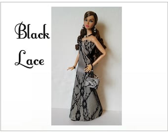 Poppy Parker Doll Clothes - BLACK LACE Gown, hand-beaded Purse and Jewelry Set - Custom Fashion - by dolls4emma
