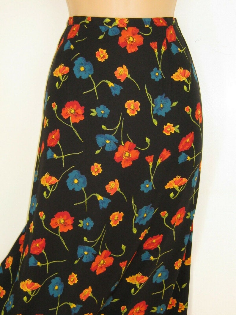 LAURA ASHLEY Vintage Poppy Field Black Viscose Summer Maxi Skirt UK1012