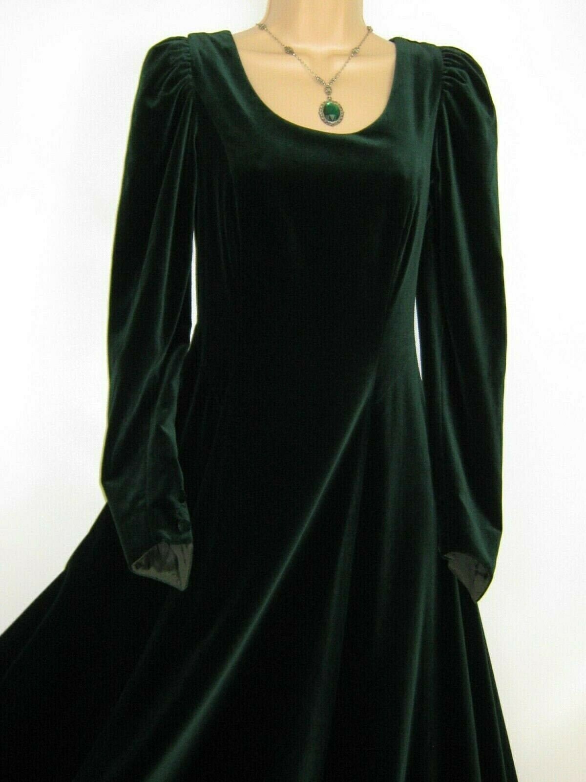 Image of Laura Ashley Vintage Emerald Green Velvet Elizabethan Tudoresque Style Festive Evening Dress, Uk/