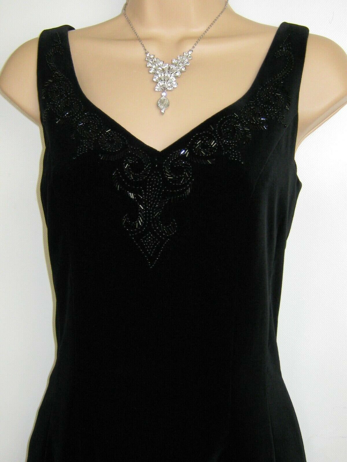 Image of Laura Ashley Vintage Black Velvet Full-Length, Beaded Godet Party Cocktail Evening Dress, Uk/