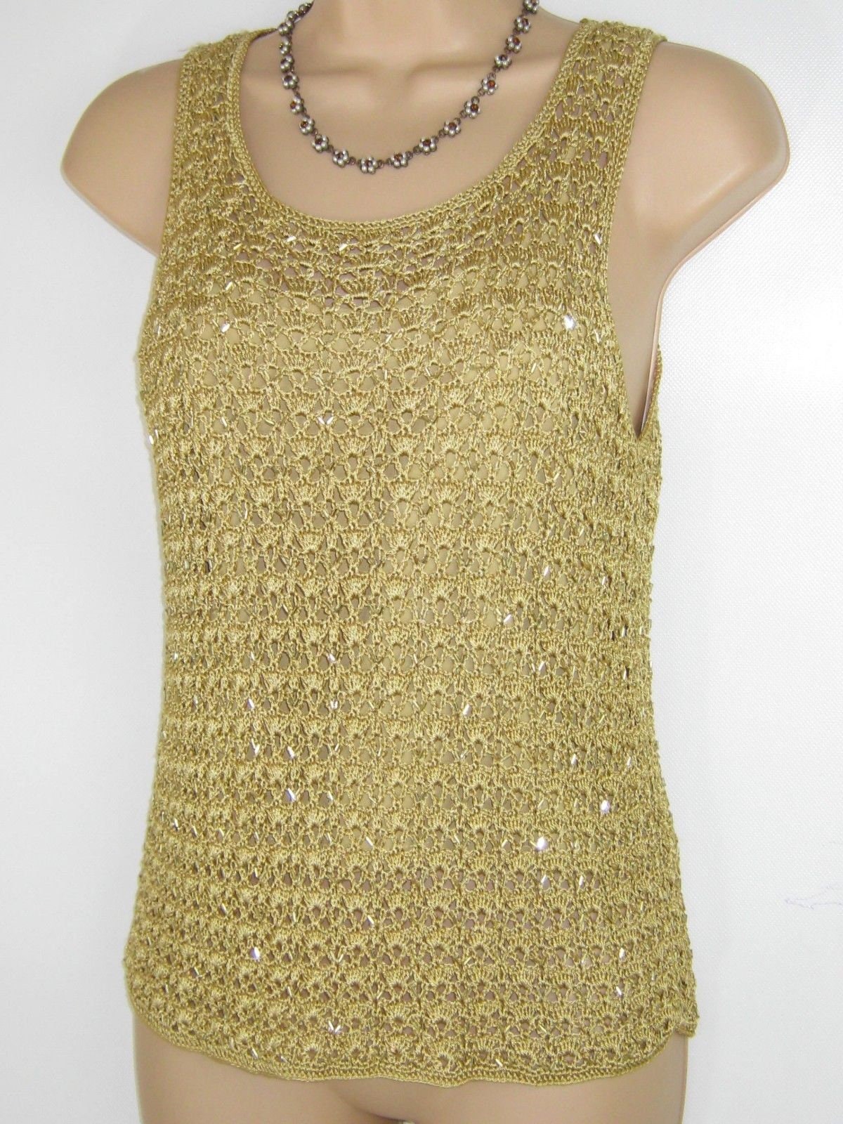 Image of Laura Ashley Vintage Gold Beaded Crochet Stretch Knit Festive Party Top, Uk/