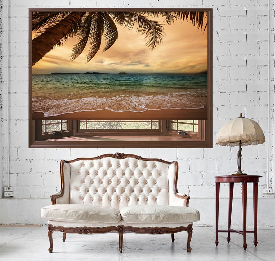 Tropical Palm Paradise Beach Scene Printed Picture Roller Blinds Blackout Remote 