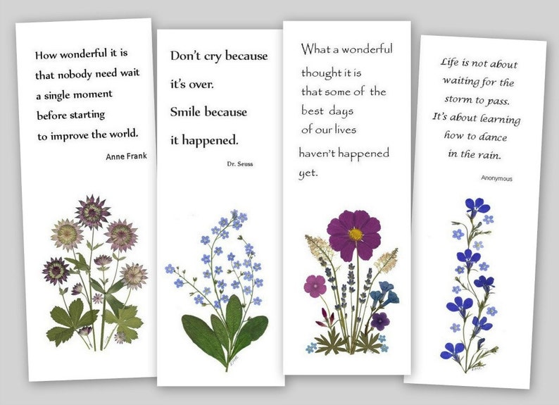 Pressed Flower Bookmarks Set of 4 Quotes to Inspire 055 Etsy