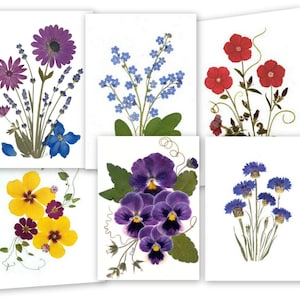 Cartes fleurs pressées - 6 cartes pour lettres imprimées assorties - Cadeau pour elle - #078