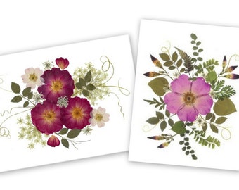 Set of 6 Pressed Flower Cards  - Pink and Red Roses  Printed Notecards - 3 of each card - #069