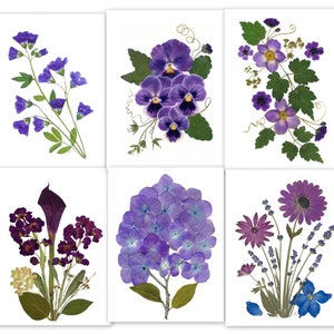 Set mit 6 gedruckten Blumenkarten - 6 verschiedene gefaltete Karte - Lila Blumen - #116