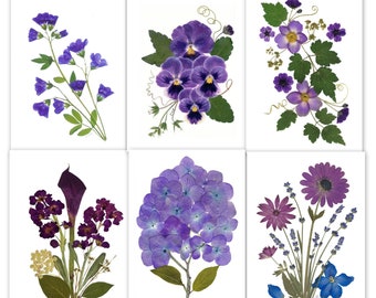 Set of 6 Printed Pressed Flower Cards -   6 Assorted Folded Notecards - Purple Flowers - #116