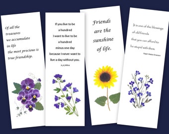 Set of 4 Bookmarks - Pressed Flowers - Friendship quotes - #042