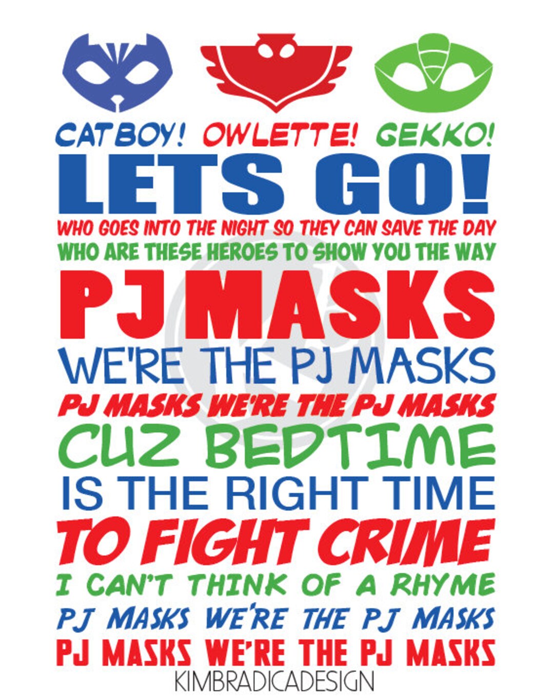 PJ Masks Theme Song, 11x14 Digital Print Etsy