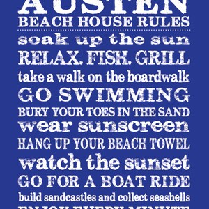 Personalized Beach House Rules, 11x14 Digital Print
