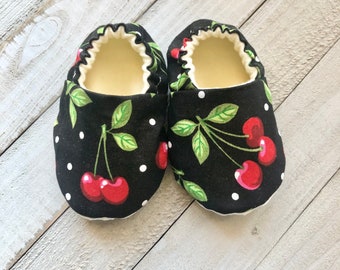 Cherry Crib Shoes, Baby Shoes, Toddler Shoes, Moccasins, Baby Booties, Baby Slippers, Fabric Shoes, Stay On Shoes