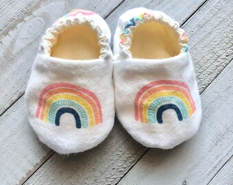 Rainbow Flannel Baby Shoes, Crib shoes, Baby Booties, Toddler Shoes, Moccasins, Soft Sole Shoes, Fabric Shoes, Slippers