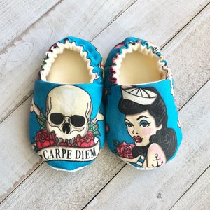 Tattoo Art Crib Shoes,Sailor, Skull, Baby Shoes, Toddler Shoes, Moccasins, Soft Sole Shoes, Baby Booties, Baby Slippers