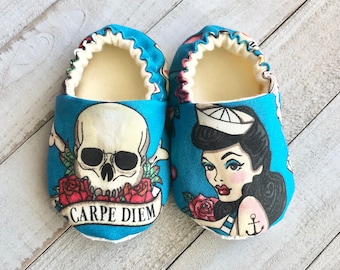 Tattoo Art Crib Shoes,Sailor, Skull, Baby Shoes, Toddler Shoes, Moccasins, Soft Sole Shoes, Baby Booties, Baby Slippers