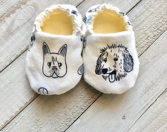 Dog Print Baby Slippers, Soft Sole Crib Shoes, Handmade Moccasins