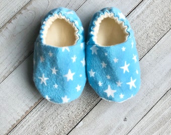 Blue Stars Soft Sole Baby Moccasins, Handmade Crib Shoes, Washable Toddler Slippers
