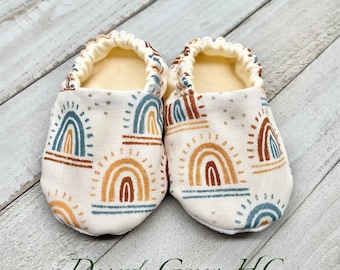 Rainbow Print Baby Moccasins, Soft Sole Crib Shoes