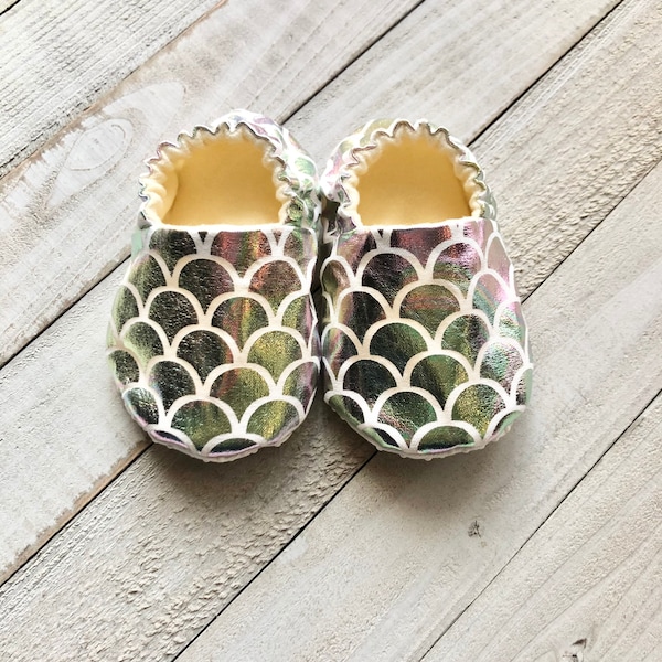 Mermaid Scales Teal Holographic Crib Shoes, Baby Shoes, Toddler Shoes, Moccasins, Baby Booties, Baby Slippers, Fabric Shoes, Stay On Shoes