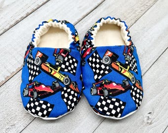 Race Cars Baby Booties: Handmade Soft Sole Crib Shoes