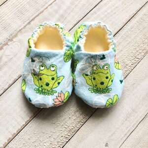 Frog Baby Moccasin Shoes, Handmade Soft Sole Crib Booties