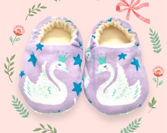 Swan Baby Girl Shoes, Fabric Moccasin Booties
