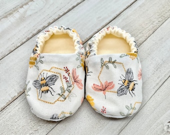 Bee Baby Shoes, Soft Sole Fabric Moccasins, Baby Shower Gift